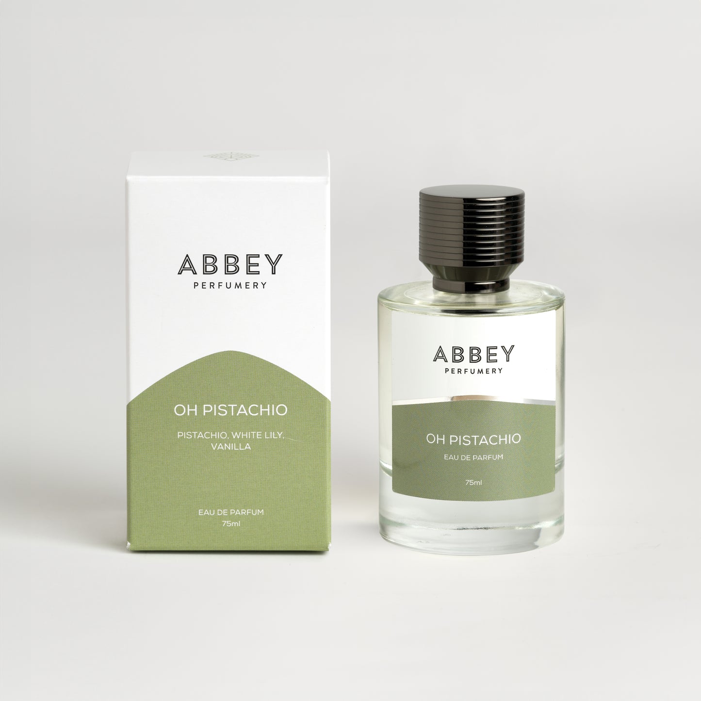 Oh Pistachio perfume bottle and box 75ml on white background