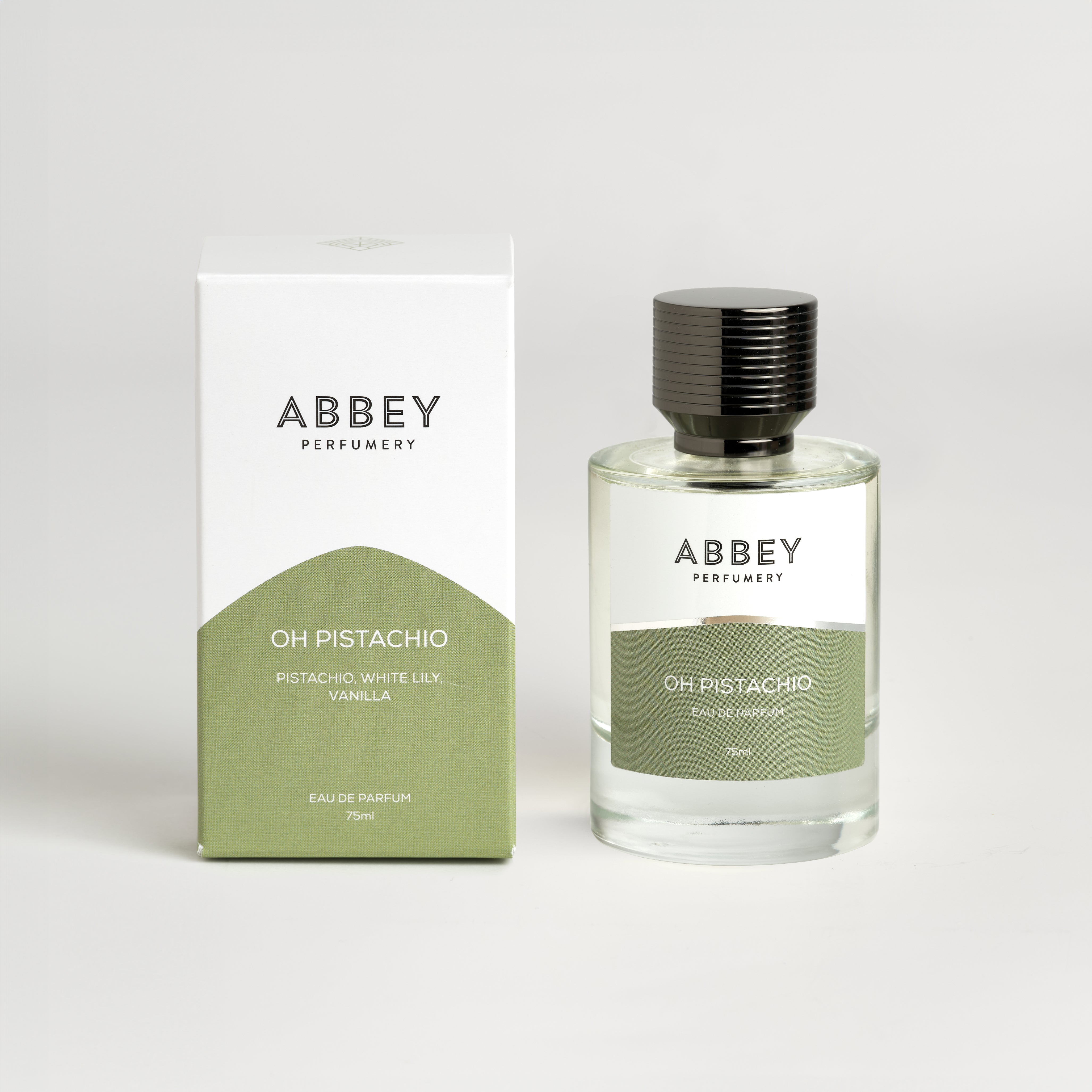 Oh Pistachio perfume bottle and box 75ml on white background