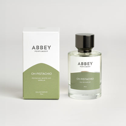 Oh Pistachio perfume bottle and box 75ml on white background