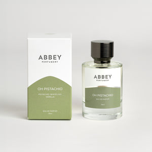 Oh Pistachio perfume bottle and box 75ml on white background