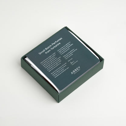 Open gift box with leaflet introducing the four perfumes in this collection