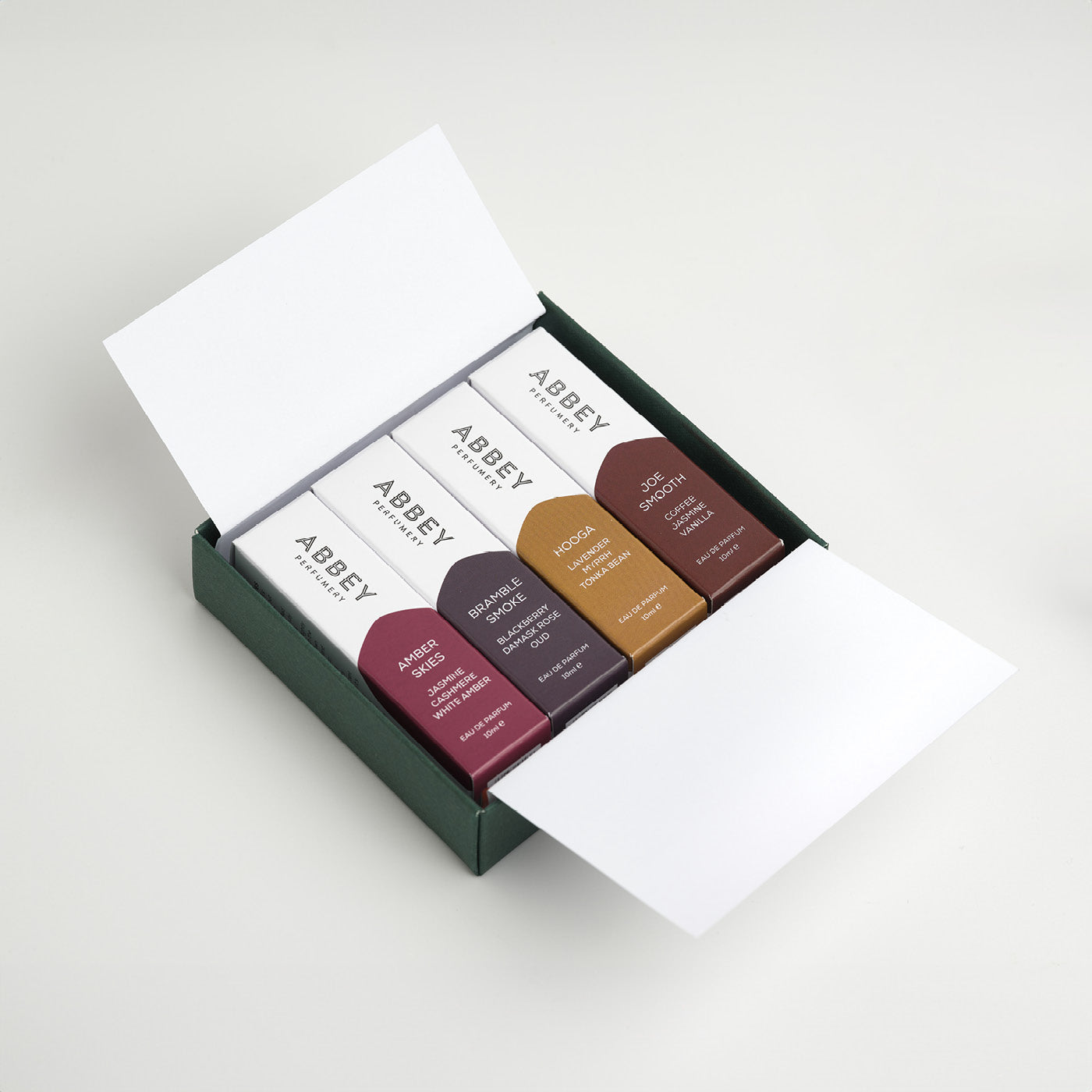 10ml Amber Skies, Bramble Smoke, Hooga and Joe Smooth perfume in a green gift box