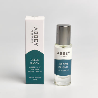 Green Island perfume bottle and box 10ml on white background