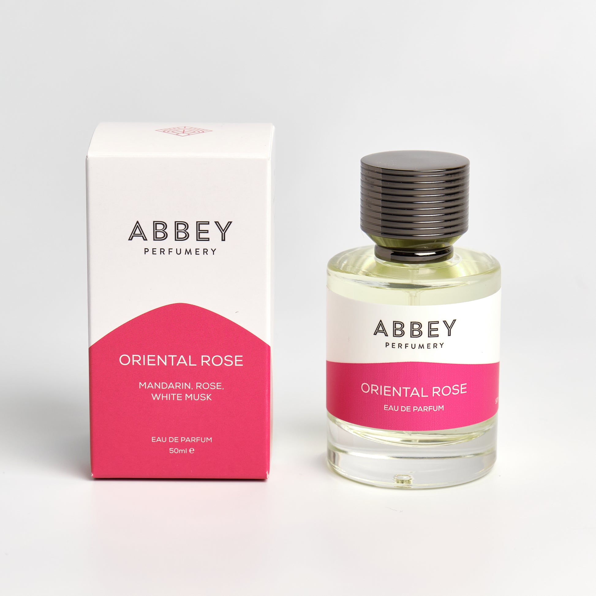 Oriental Rose perfume bottle and box 50ml on white background