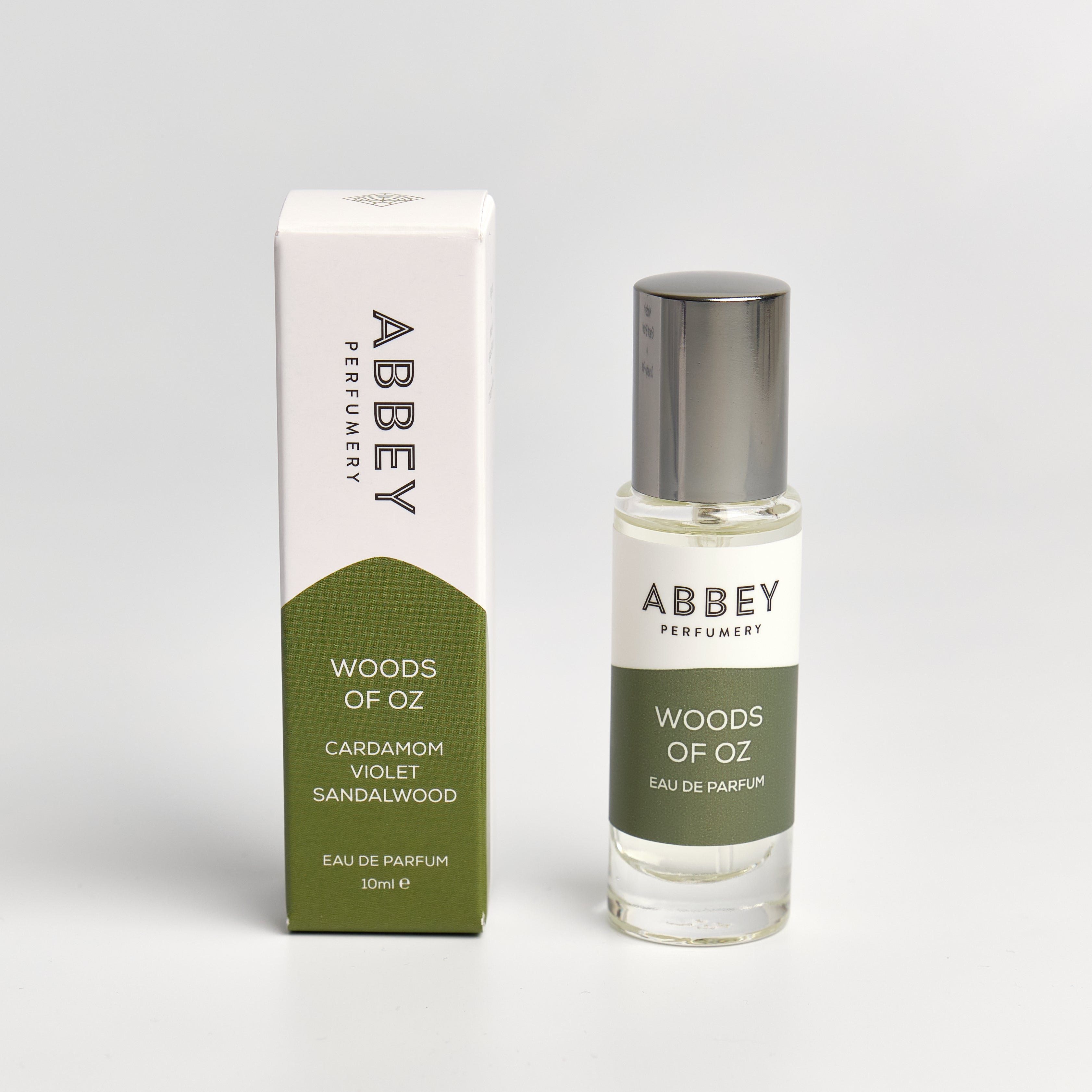 Woods of Oz perfume bottle and box 10ml on white background
