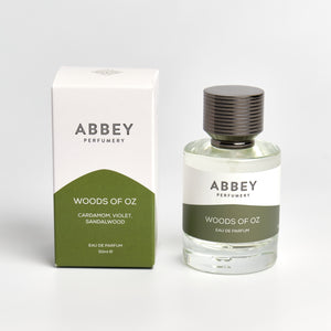 Woods of Oz perfume bottle and box 50ml on white background